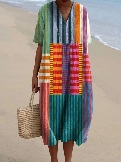 Women's Art Print V-Neck Linen Kaftan Maxi Dress Geometric Patchwork Tunic
