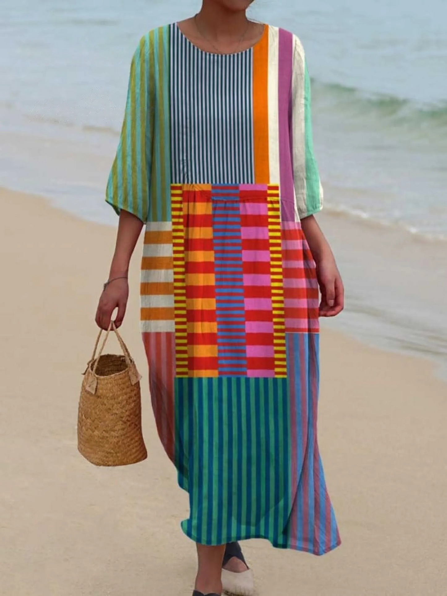 Women's Art Print V-Neck Linen Kaftan Maxi Dress Geometric Patchwork Tunic