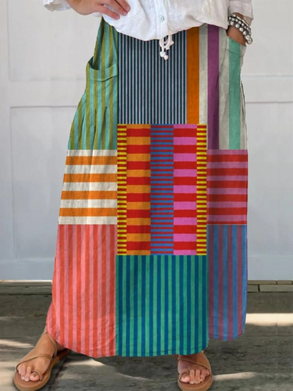 Women's Art Print V-Neck Linen Kaftan Maxi Dress Geometric Patchwork Tunic