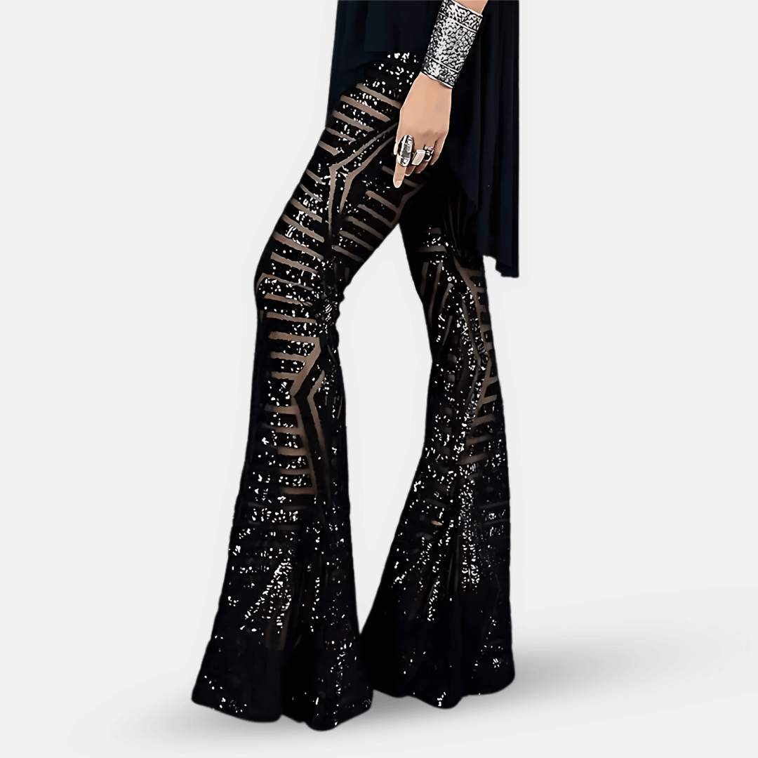 Pantaloni a zampa d'elefante a vita alta con paillettes da donna – Pantaloni glamour ed eleganti