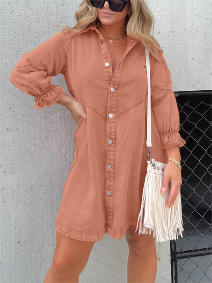 Cotton Denim Mini Dress with Smocked Cuffs and Button Front for Spring