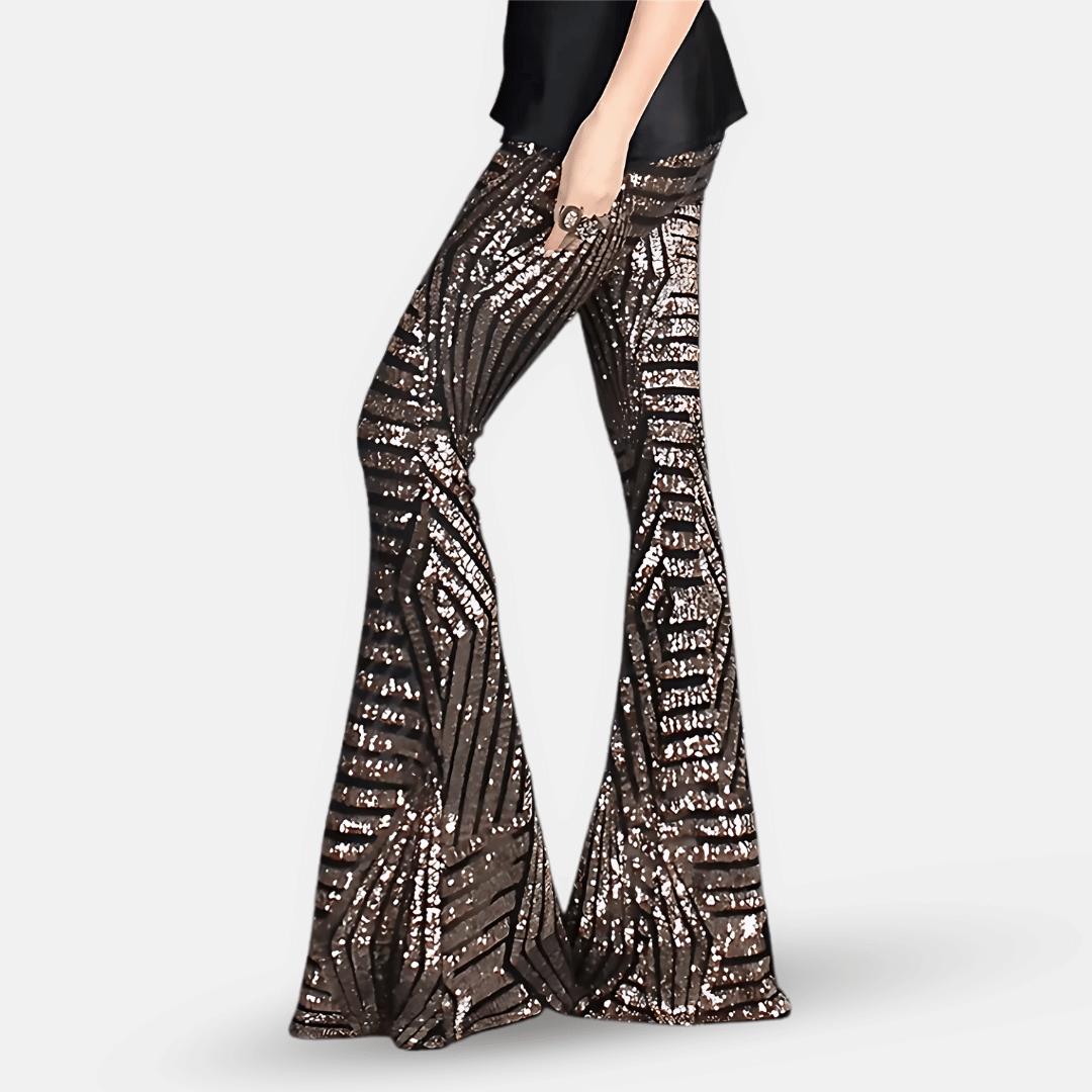 Pantaloni a zampa d'elefante a vita alta con paillettes da donna – Pantaloni glamour ed eleganti