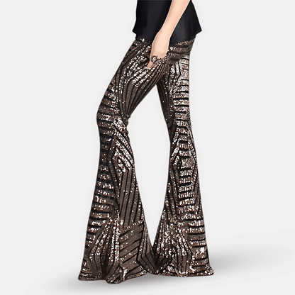 Pantaloni a zampa d'elefante a vita alta con paillettes da donna – Pantaloni glamour ed eleganti