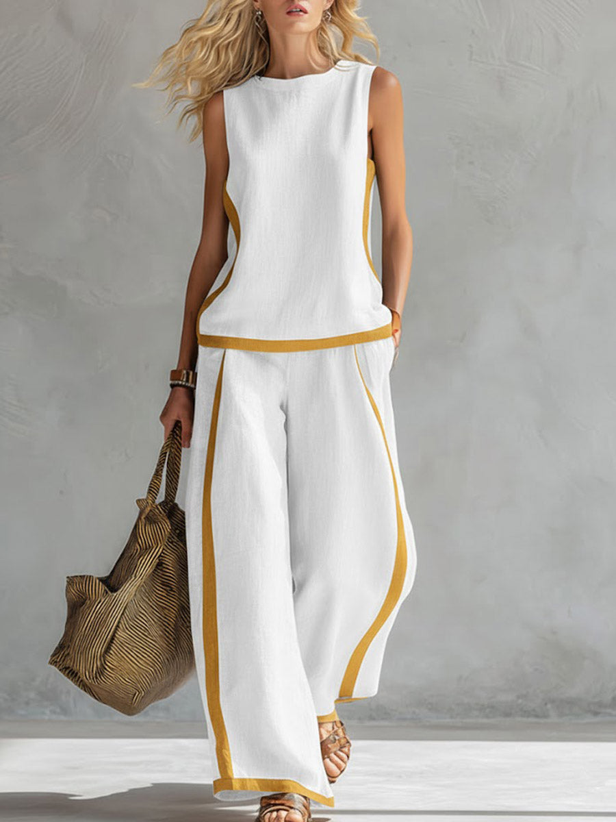 Virelya | Linnen 2-delige Set voor Dames – Elegante Mouwloze Top & Wide-Leg Broek