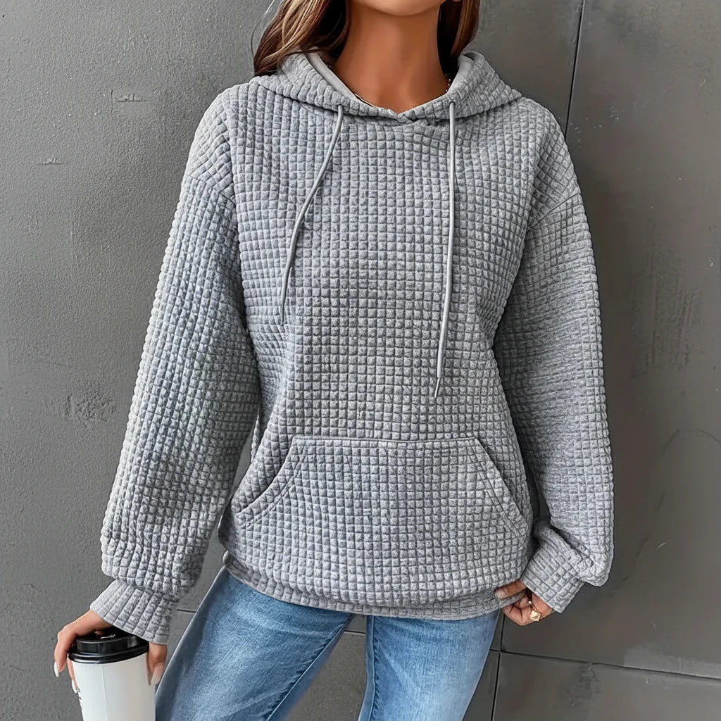 Waffle Grid Kangaroo Pocket Drawstring Hoodies Sweatshirt