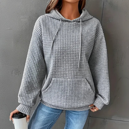 Waffle Grid Kangaroo Pocket Drawstring Hoodies Sweatshirt