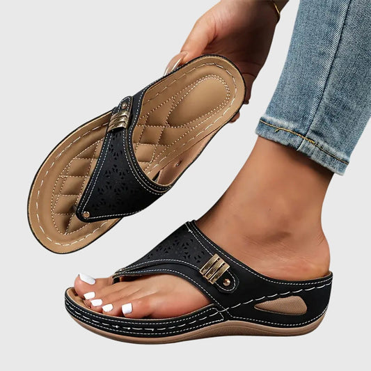 Cleo | Women's Wedge Toe Loop Sandals with Laser Cut Detail