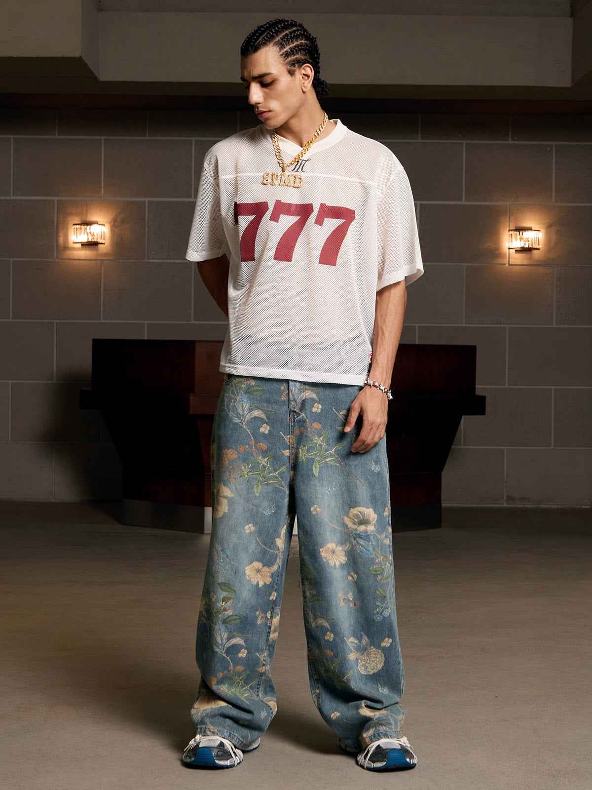 Floral Print Denim Carpenter Jeans