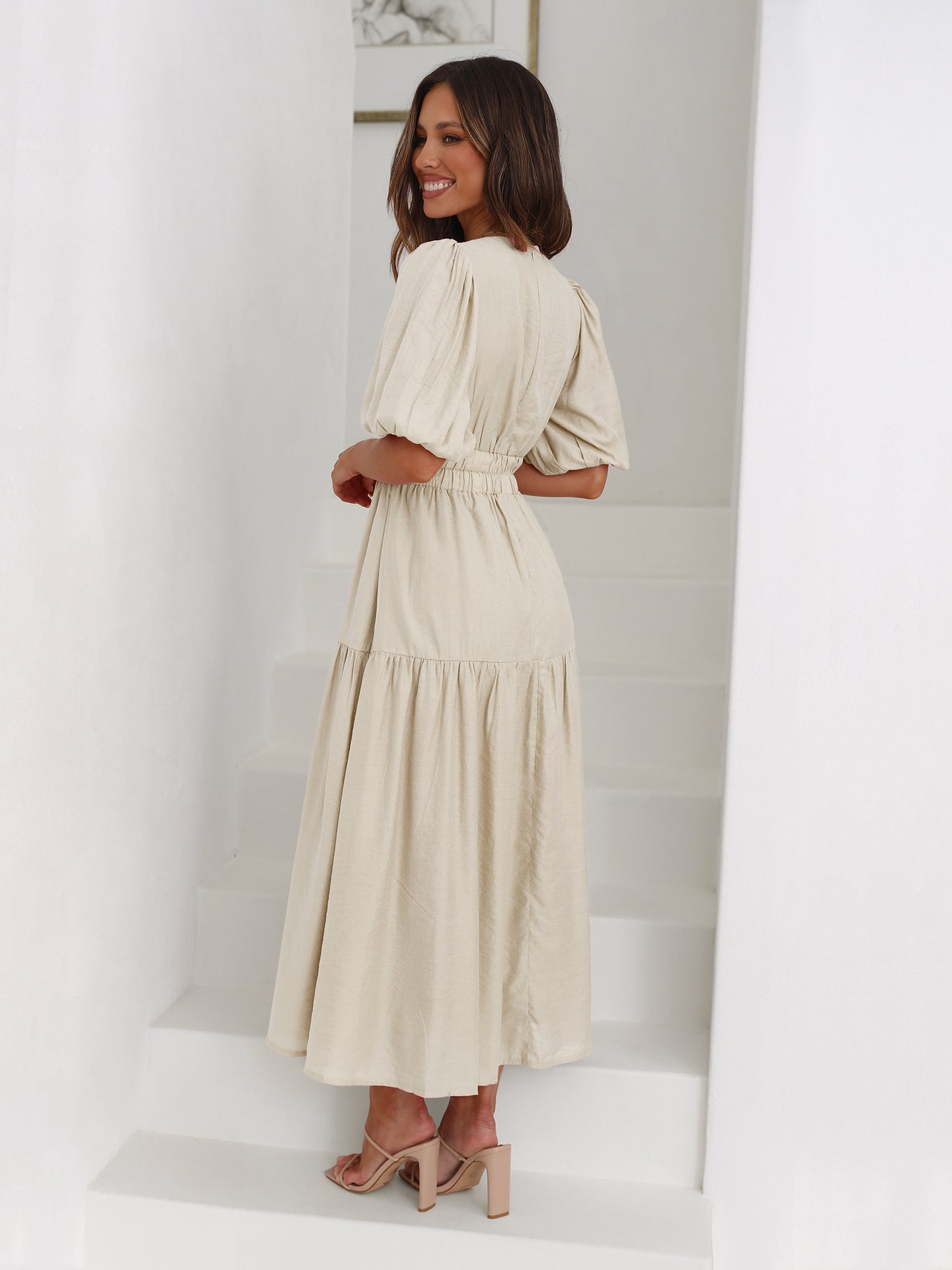 Women's V-Neck Puff Sleeve Midi Dress with Smocked Waist