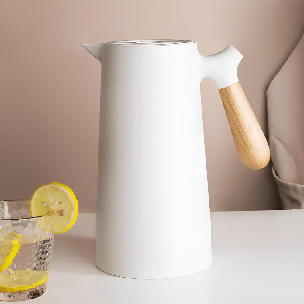 Geïsoleerde Karaf 1 Liter Houten Handvat Dubbelwandig Koffiekaraf Thermos Scandinavisch Design Groen Wit Zwart Rood Bruin | Restfield