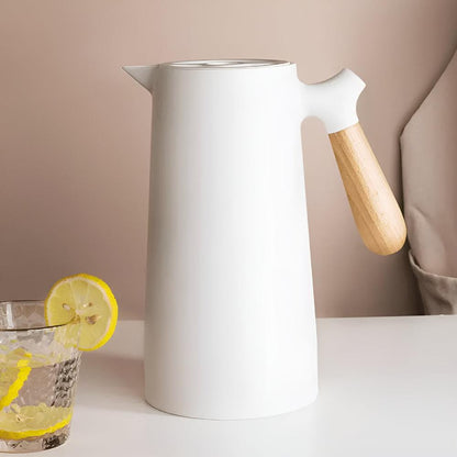 Geïsoleerde Karaf 1 Liter Houten Handvat Dubbelwandig Koffiekaraf Thermos Scandinavisch Design Groen Wit Zwart Rood Bruin | Restfield