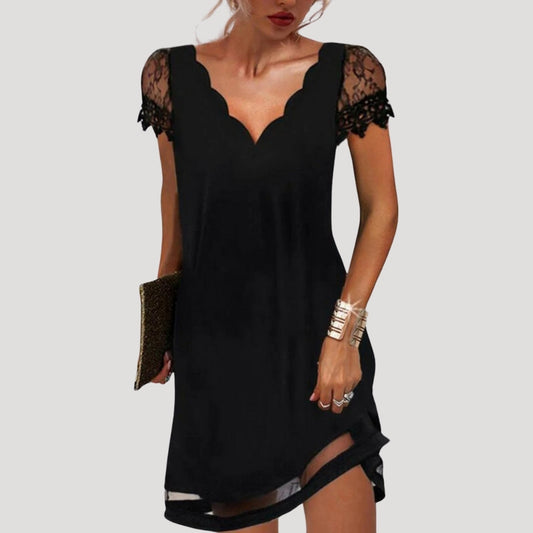 Damen-Midi-Kleid in Schwarz mit Spitzenärmeln