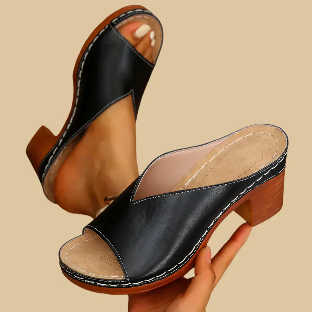 Women's Open Toe Slip On Block Heel Mules