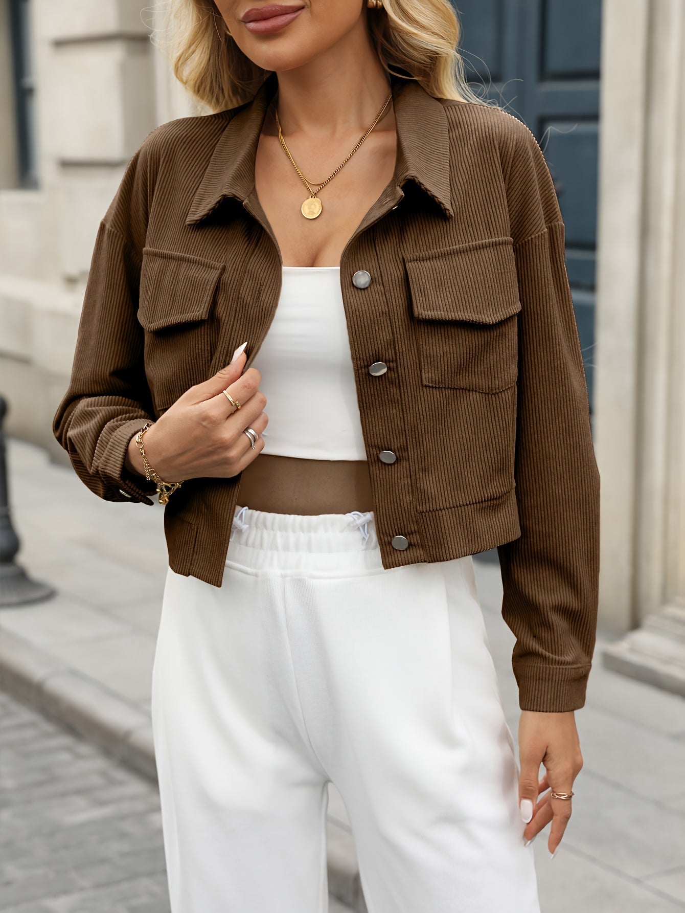 Veste Courte En Velours Côtelé Femme – Style Décontracté Automne Hiver