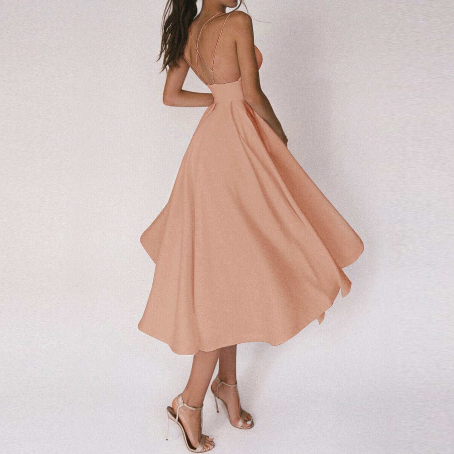 Women’s Midi Dress Flared Skirt Structured Bodice Strap Detail