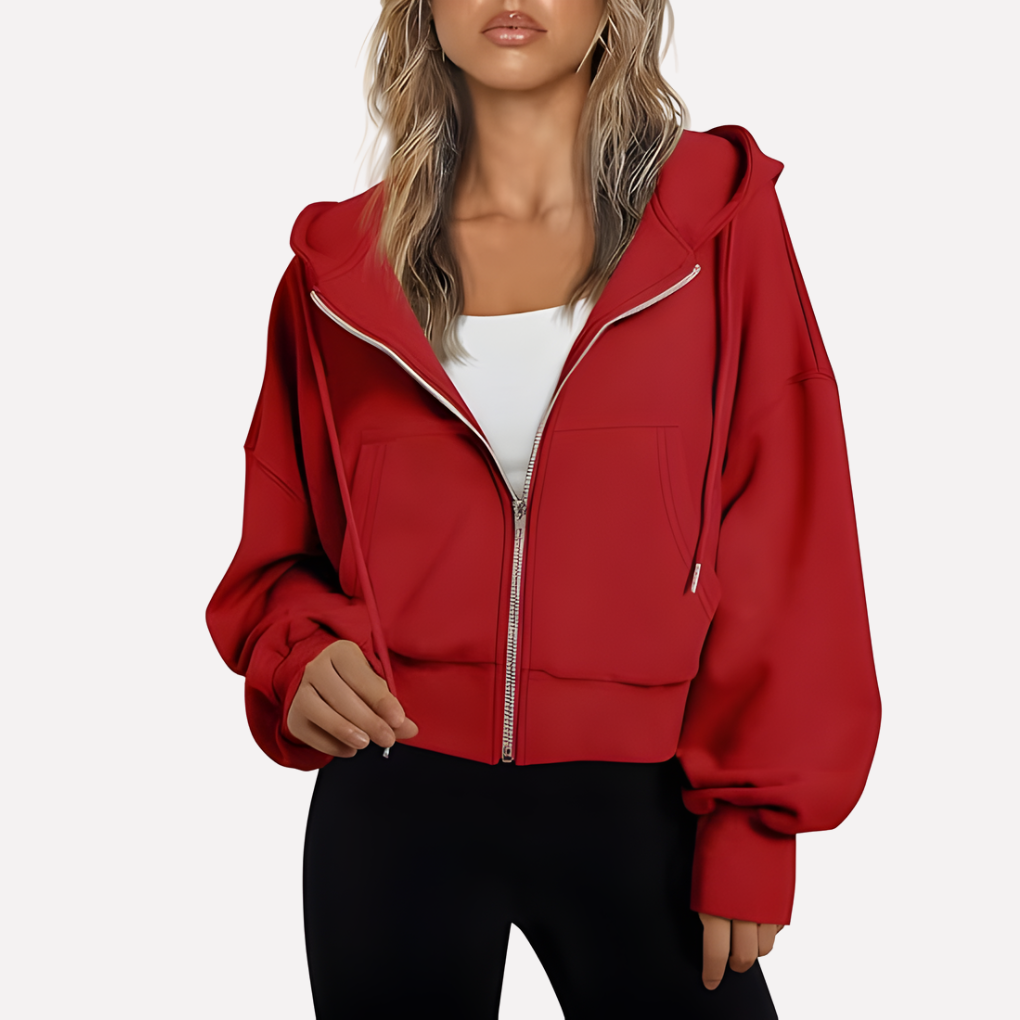 Women’s Zip Hoodie Relaxed Fit Cropped Drawstring Jacket