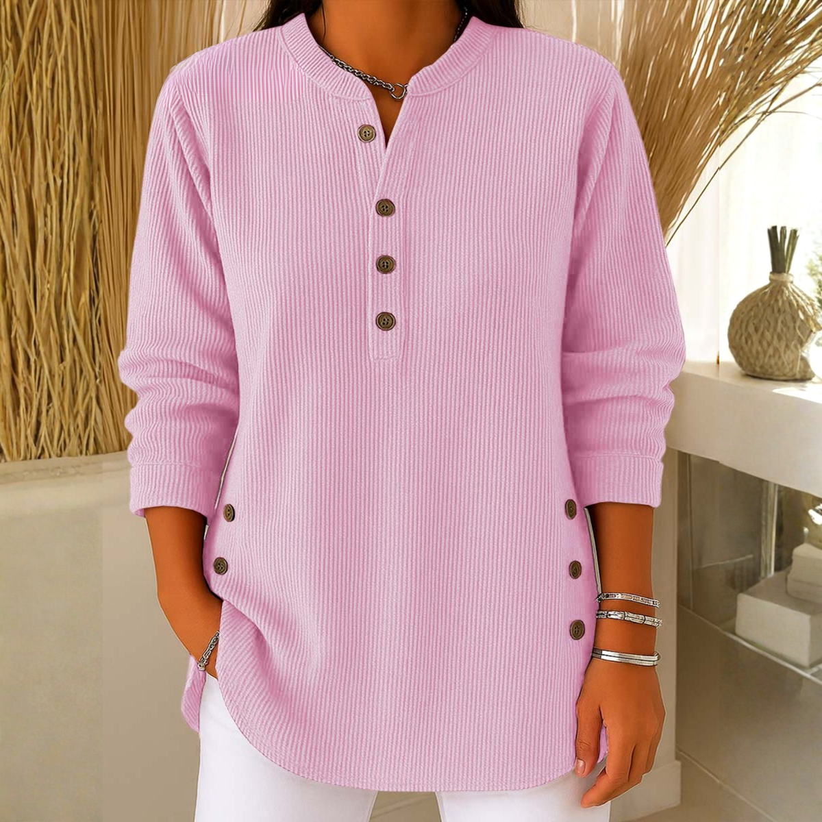 Sudadera Mujer Texturizada Con Botones – Suéter Casual De Manga Larga
