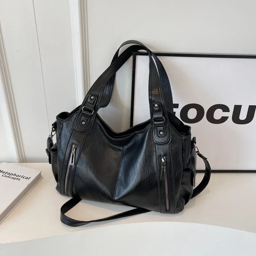 Leather Tote Bag Large Shoulder Handbag Zip Pocket Everyday Spring