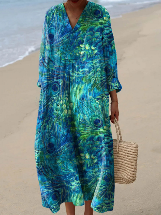 Lise | Robe imprimée en plumes de paon pour femmes
