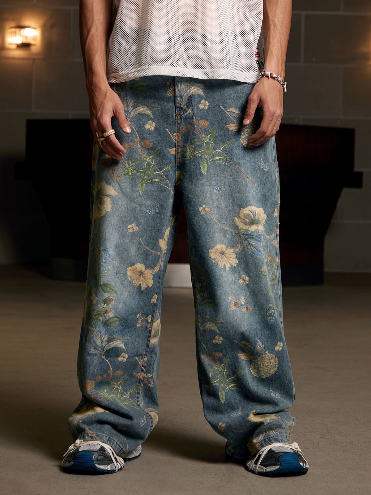 Floral Print Denim Carpenter Jeans
