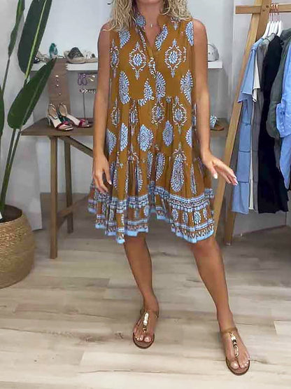 Women's Boho Print V-Neck Sleeveless Tiered Mini Dress