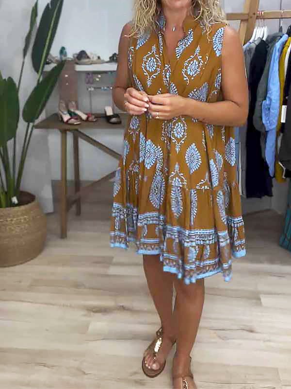 Women's Boho Print V-Neck Sleeveless Tiered Mini Dress