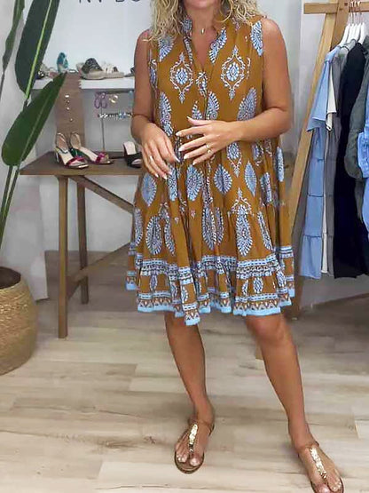 Women's Boho Print V-Neck Sleeveless Tiered Mini Dress