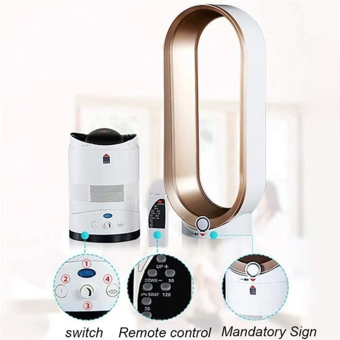 Ventilateur sans pales moderne avec télécommande, affichage numérique et fonctions réglables, design élégant pour maison ou bureau.