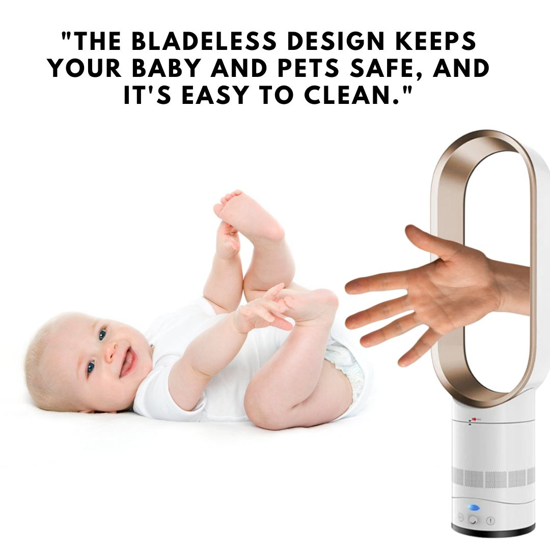 Bébé allongé près d'un ventilateur sans pales moderne, design sécurisé pour enfants et animaux, facile à nettoyer. Ventilateur innovant, sécurité maison.
