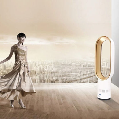 Femme élégante en robe dorée dansant près d'un ventilateur sans pales moderne, design innovant, intérieur chic, technologie de refroidissement avancée.