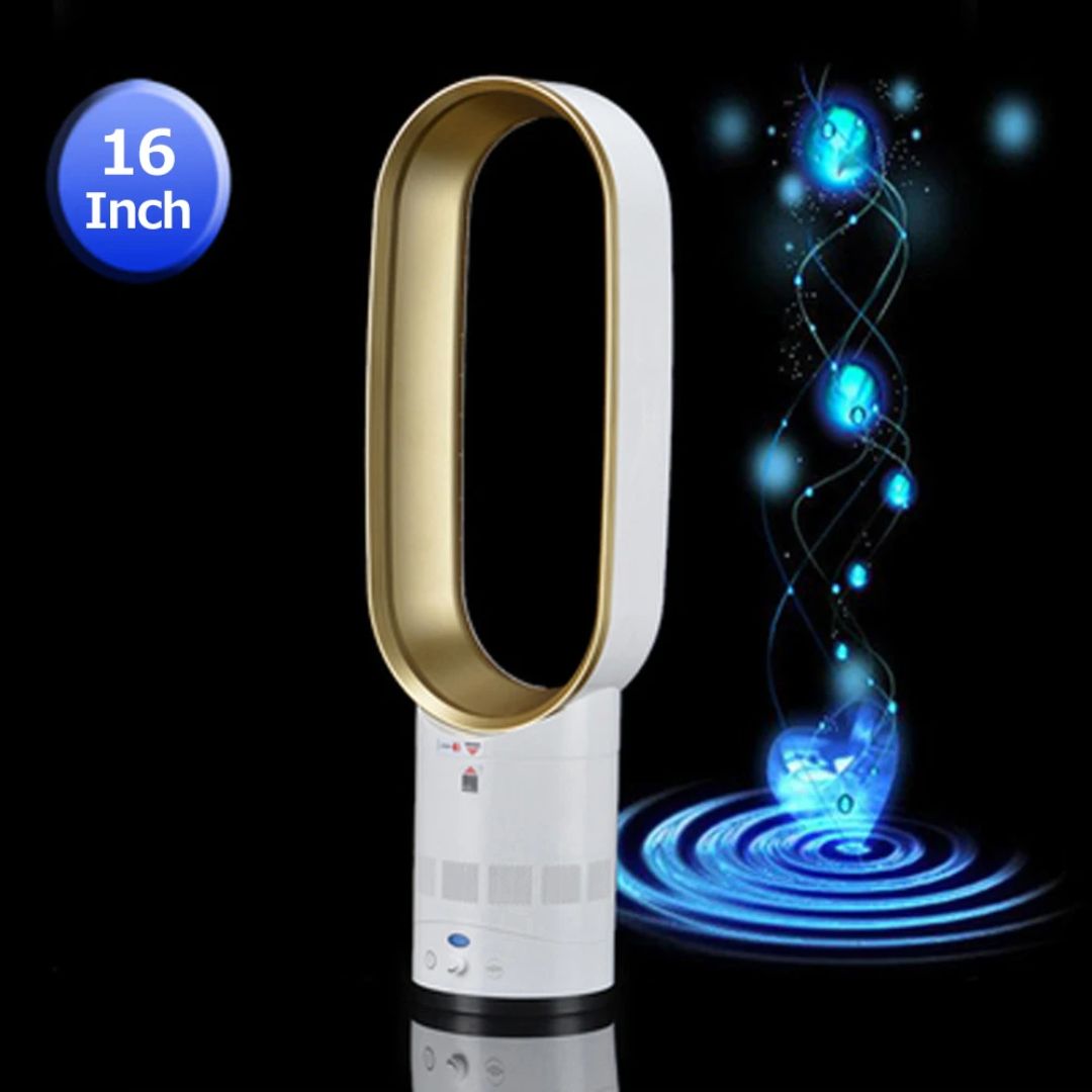 Ventilateur sans pales blanc et or de 16 pouces, design moderne, technologie avancée, sur fond noir avec effets lumineux bleus futuristes.