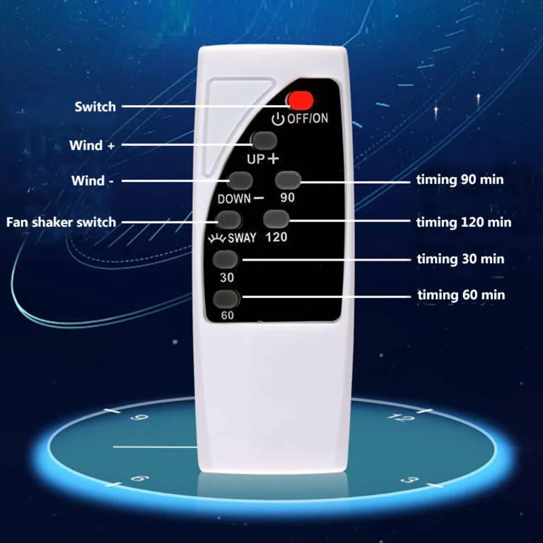 Télécommande de ventilateur blanc avec boutons pour vitesse du vent, minuterie (30, 60, 90, 120 min) et fonction oscillation, sur fond bleu.