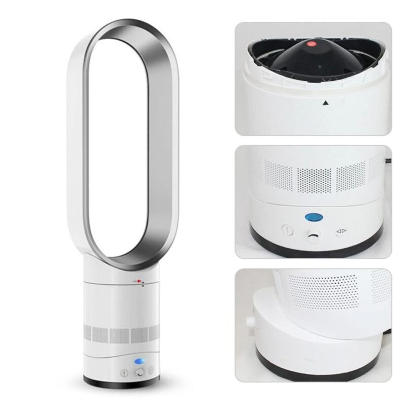 Ventilateur sans pales blanc avec télécommande, design moderne, technologie de flux d'air, vue détaillée des commandes et de la base pivotante.