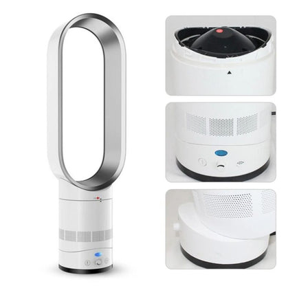 Ventilateur sans pales blanc avec télécommande, design moderne, technologie de flux d'air, vue détaillée des commandes et de la base pivotante.