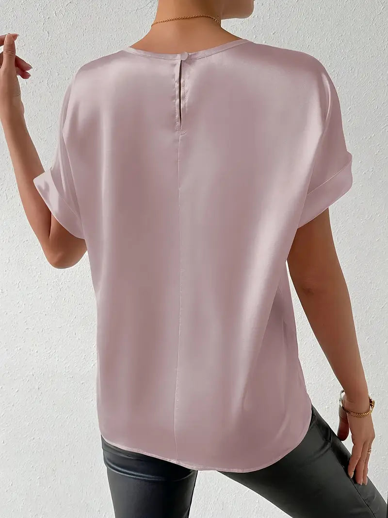 Valkirra - T shirt en satin à manches courtes roulées et encolure ronde