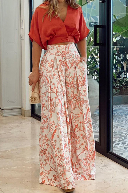 Ensemble Deux-Pièces Fleuri Femme – Haut Court Élégant et Pantalon Large