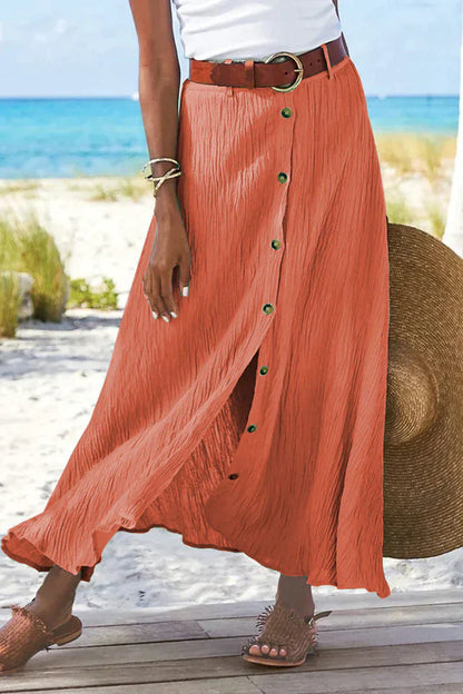 Women's Button Front Maxi Skirt High Waist Linen Look