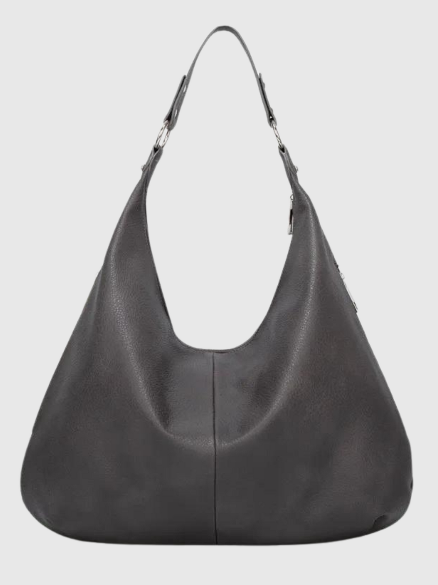 Sort læderhåndtaske med hobo-design, justerbar rem og sølvdetaljer. Stilfuld og praktisk til hverdagsbrug. Perfekt til modebevidste kvinder.