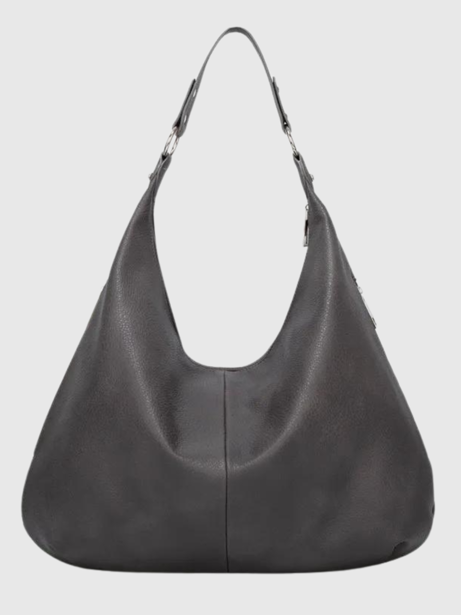 Sort læderhåndtaske med hobo-design, justerbar rem og sølvdetaljer. Stilfuld og praktisk til hverdagsbrug. Perfekt til modebevidste kvinder.