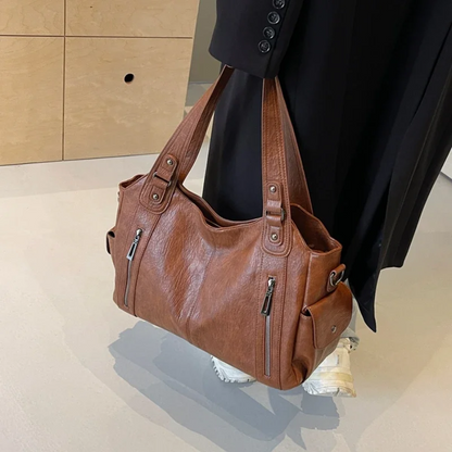 Leather Tote Bag Large Shoulder Handbag Zip Pocket Everyday Spring