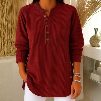 Sudadera Mujer Texturizada Con Botones – Suéter Casual De Manga Larga
