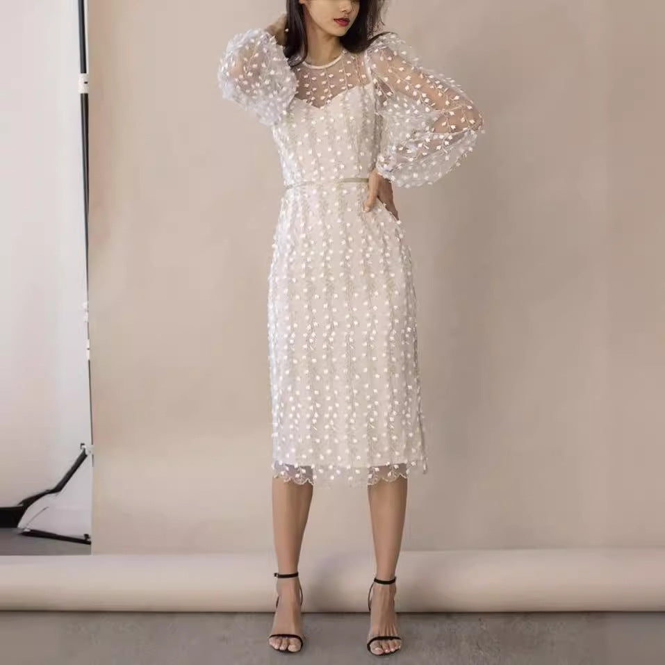 Damen Transparentes Kleid mit Transparenten Puffärmeln und Blumenstickerei