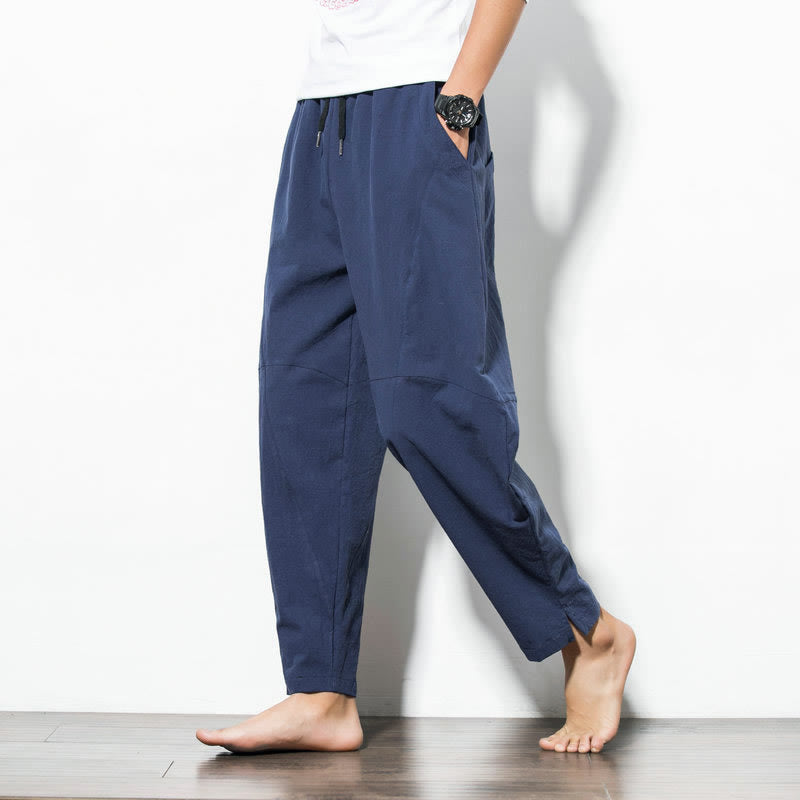 Buddha Stones Men’s Cotton Drawstring Pants – Casual Solid Color Relaxed Pocket Style