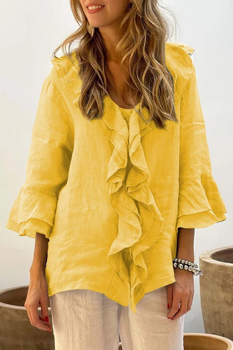 ARIETTA – CASUAL SOLID COLOR RUFFLE V-NECK BLOUSE