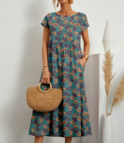 Women's Short-Sleeve Printed Midi Dress