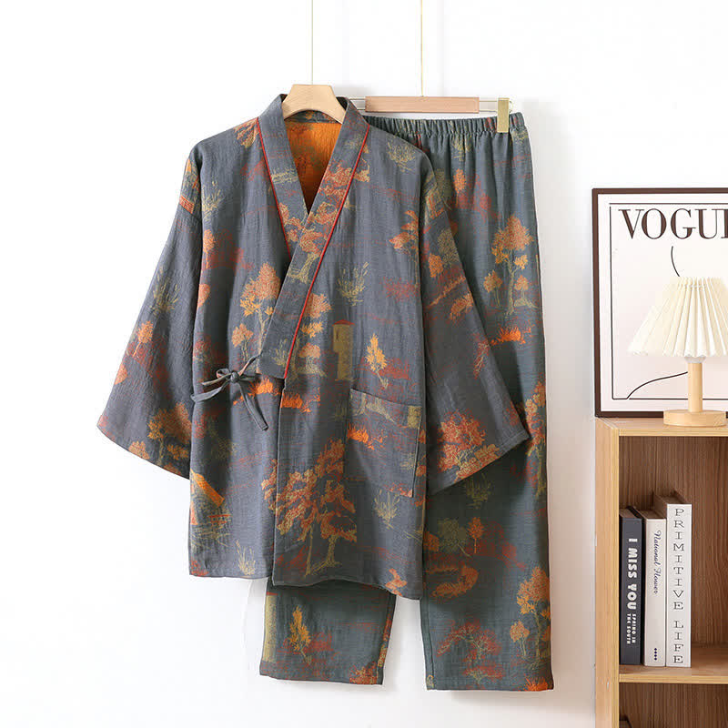 Ownkoti Neutral Landscape Cotton Kimono Pajama Set – Comfortable Loungewear Set