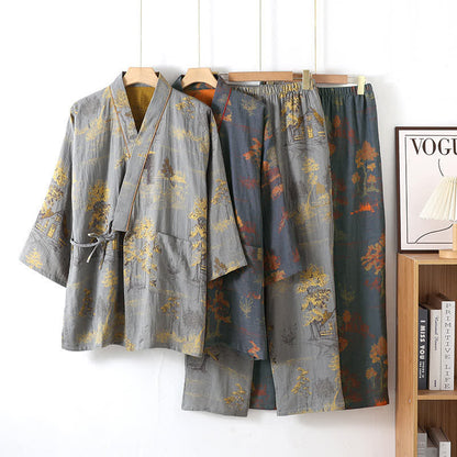 Ownkoti Neutral Landscape Cotton Kimono Pajama Set – Comfortable Loungewear Set
