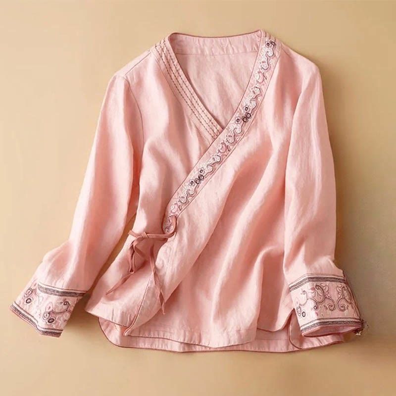 Lässige Langarm-Chemise für Damen mit Buddha- und Blumenstickereien