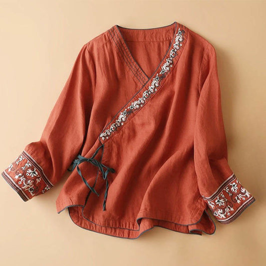 Lässige Langarm-Chemise für Damen mit Buddha- und Blumenstickereien