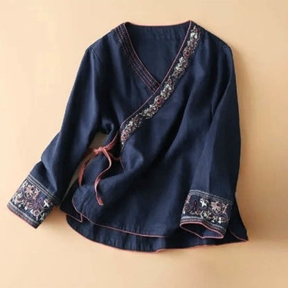 Lässige Langarm-Chemise für Damen mit Buddha- und Blumenstickereien